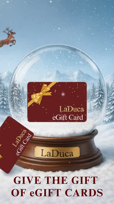 LaDuca eGift card inside a snow globe with Christmas scene